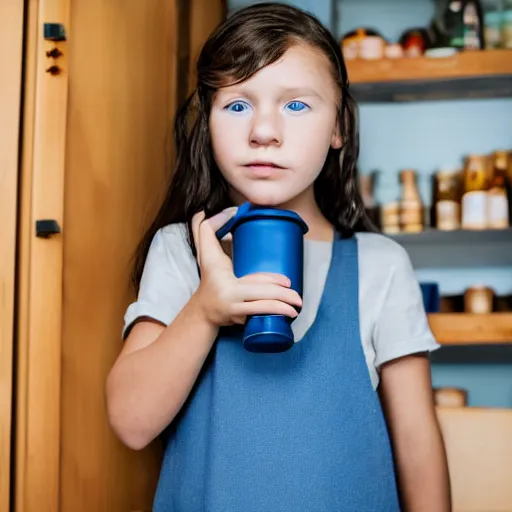 Image similar to a little blue-skinned girl with messy black hair sharp pointed ears freckles along the ridges of her cheeks in a pantry drinking from a leather flask, blue skinned dnd triton, high resolution film still, 4k, HDR colors