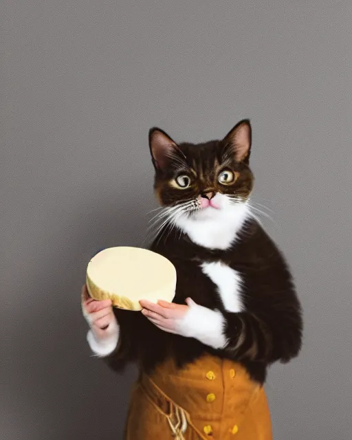 Image similar to high quality presentation photo of a cute model cat dressed as napoleon holding a piece of cheese, photography 4k, f1.8 anamorphic, bokeh, 4k, Canon, Nikon