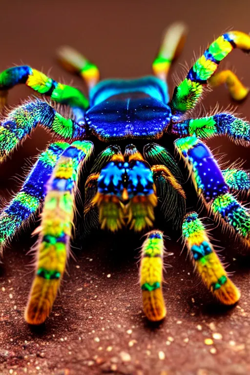 Prompt: high quality macro photo iridescent tarantula! jewelled supercute! highly detailed david ligare elson peter cinematic blue lighting high quality low angle hd 8k sharp shallow depth of field