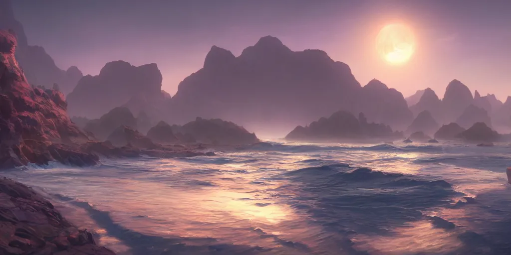 Image similar to illustration of the shore on a beautiful morning, Pixar and Disney animation, sharp, Rendered in Unreal Engine 5, art by Greg Rutkowski, Bloom, dramatic lighting