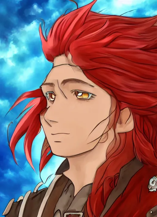 Image similar to An epic fantasy pokemon anime style portrait of a long haired, red headed male sky-pirate in front of an airship