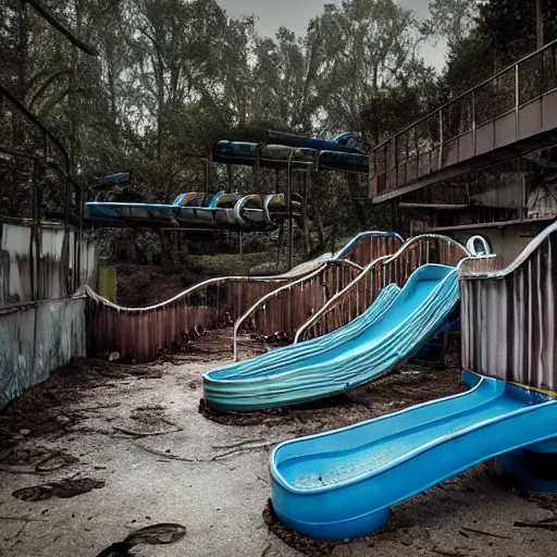 Image similar to abandoned water park with slides and giving a uneasy feeling, dark, dry, 8k, photorealistic, creepy,