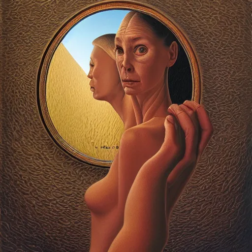 Image similar to a woman sees herself in the after life from the reflection of a mirror she is looking at by jacek yerka, alex gray, zdzisław beksiński, dariusz zawadzki, jeffrey smith and h.r. giger, oil on canvas, 8k highly professionally detailed, trending on artstation