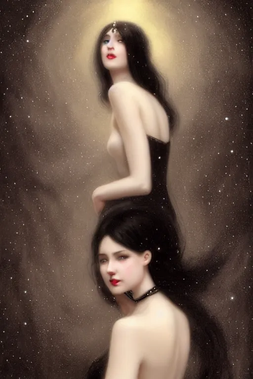 Image similar to Nocturne, glowing, stars, a long-legged elegant sultry woman, long black hair with white tips, pearl choker, highly detailed, mysterious, ethereal, dressed in black velvet, haute couture, illustration, dramatic lighting, soft details, painting, by Edmund Blair Leighton, Brom, Charlie Bowater, trending on artstation, faces by otto schmidt