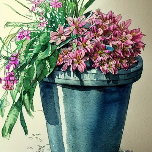 Image similar to a beautifull intricate watercolor painting of potted planter with flowers inside sitting on wet sidewalk, reflexions, high details by stephanie law art