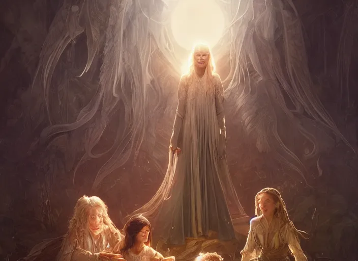 Image similar to a dramatic highly detailed render of the Galadriel and Gollum family, Middle-earth , by WLOP and Artgerm and Greg Rutkowski and Alphonse Mucha, Beautiful dynamic dramatic dark moody lighting, shadows, cinematic atmosphere, Artstation, Octane render, 8K, masterpiece, sharp focus, hyperrealistic, photograph