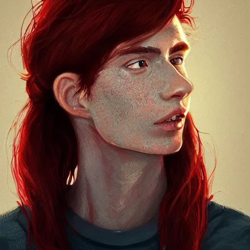 Image similar to portrait of a thin young man with long red hair, ponytail, a lot of freckles on his face, intricate, elegant, glowing lights, highly detailed, digital painting, artstation, concept art, smooth, sharp focus, illustration