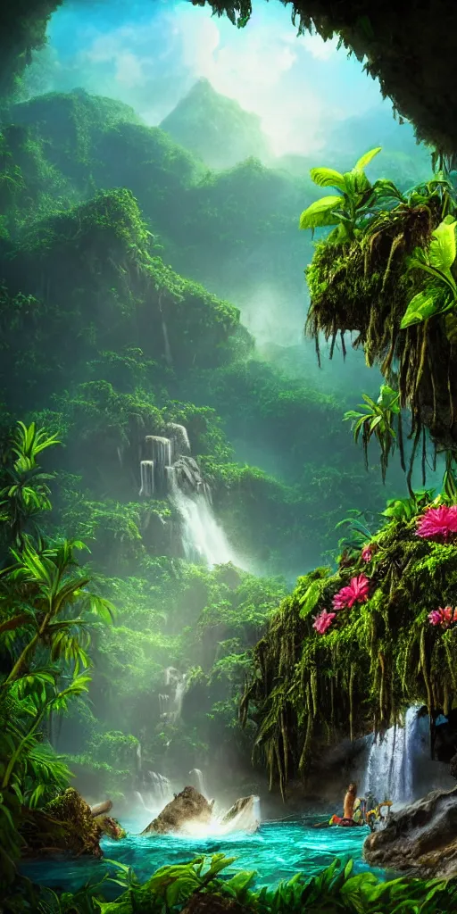 Image similar to a shipwreck at the bottom of a caribbean jungle cave, lush flora, waterfall, mountains, dark towering clouds, flowers, vines, sunset, volumetric lighting, rtx on, washed out colors, an award winning digital render, beautiful, ultradetailed, great composition