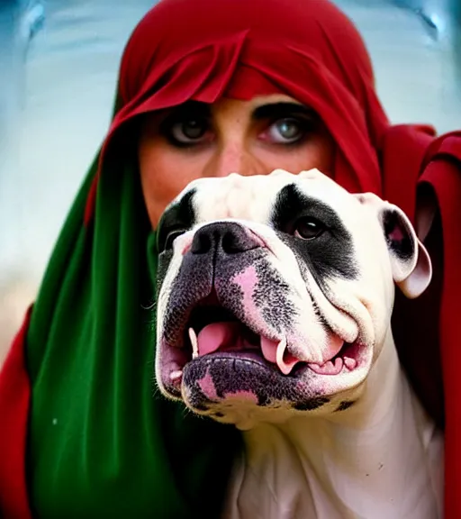 Image similar to portrait of american bulldog as afghan girl, green eyes and red scarf looking intently, photograph by steve mccurry