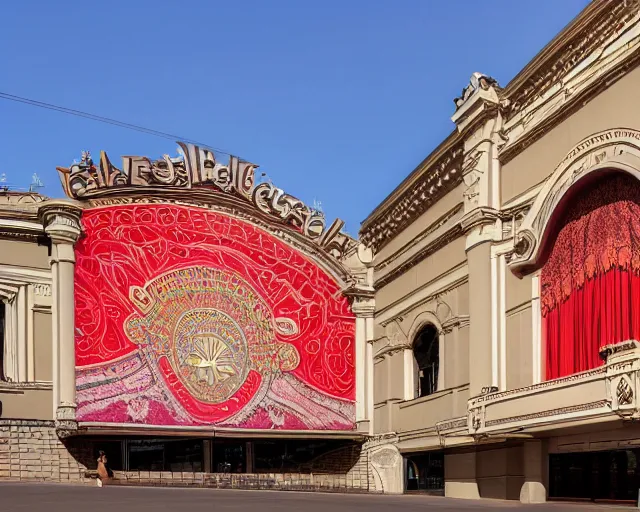 Image similar to photo of an outdoor mural of an opera house from the early 1 9 0 0 s in the style of art nouveau, red curtains, art nouveau design elements, art nouveau ornament, opera house architectural elements, painted on a brick wall, outdoor mural, mucha, masonic symbols, masonic lodge