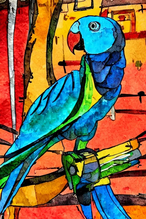 Image similar to a parrot on a pirate ship, abstract, vintage, artistic, sharp focus, masterpiece, watercolor, art in the style of joshy sly