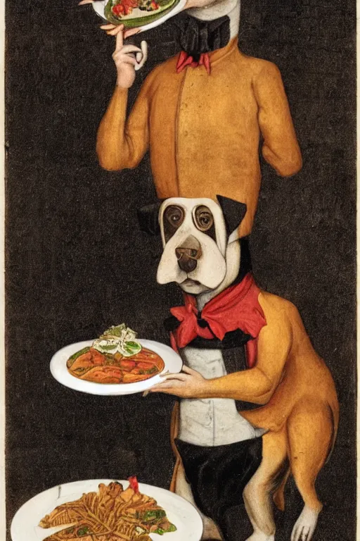 Prompt: a dog - headed waiter holding a plate of food