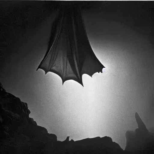 Prompt: a close - up, black & white studio photographic portrait of a loud screeching giant, bat - like creature flying towards you, you are exploring an alien planet and come across a strange, dark cave, dramatic backlighting, 1 9 7 3 photo from life magazine, by keith thompson,