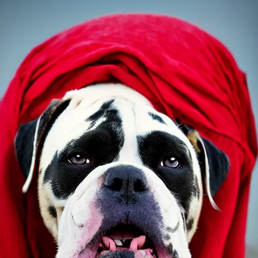 Image similar to portrait of american bulldog as afghan girl, green eyes and red scarf looking intently, photograph by steve mccurry, national geographic