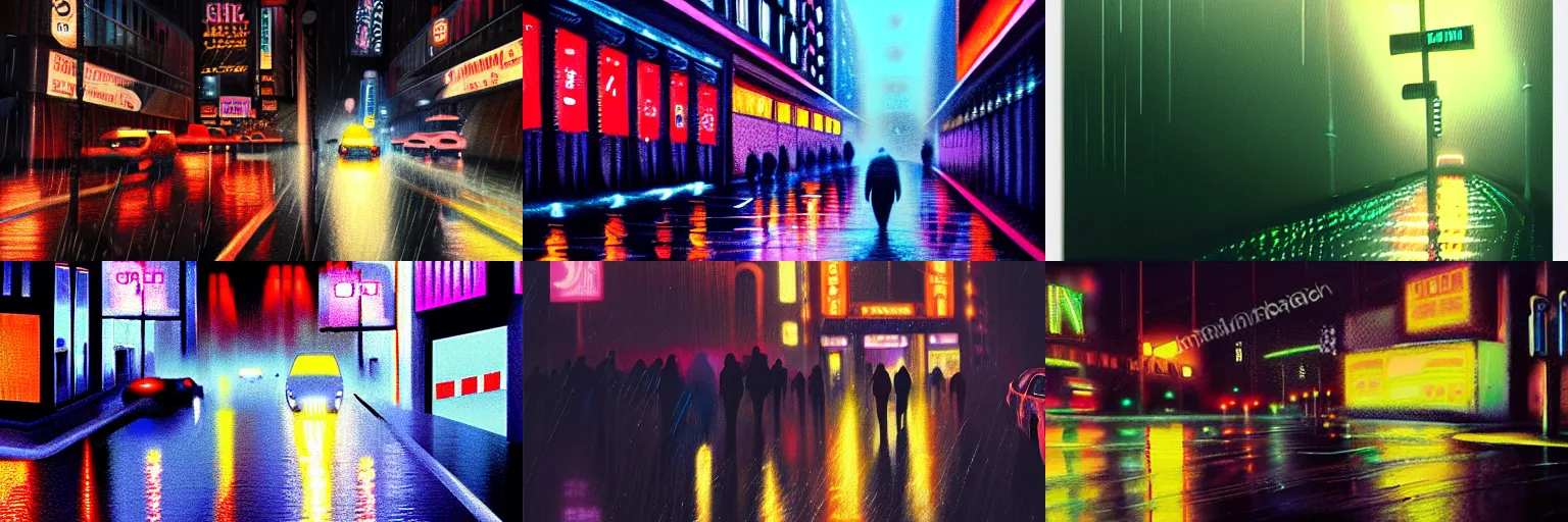 Prompt: rain falling at night on neon light lit city street with lots of people walking, Bladerunner, tears in the rain, cyberpunk, noir, neo noir, oil on canvas, concept art, movie still