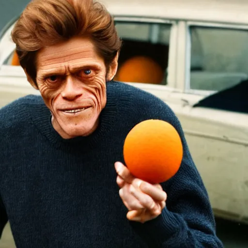 Prompt: Willem Dafoe in a sweater, with a confused face holding oranges on two outstretched hands, against the background of a retro car, focus on the foreground, realism, details,