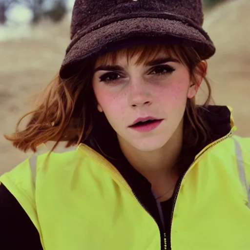 Image similar to photo, close up, emma watson in a hi vis vest, chewing tobacco, bump in lower lip, portrait, kodak gold 2 0 0,