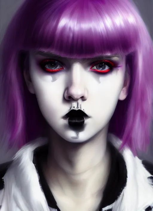 Image similar to portrait of white teenage girl, normal face, white bangs, mall goth, cyberlox, black and white hair, bangs, fluffy bangs, red contact lenses, purple lipstick, intricate, elegant, highly detailed, digital painting, artstation, concept art, sharp focus, smooth, illustration, art by wlop, mars ravelo and greg rutkowski