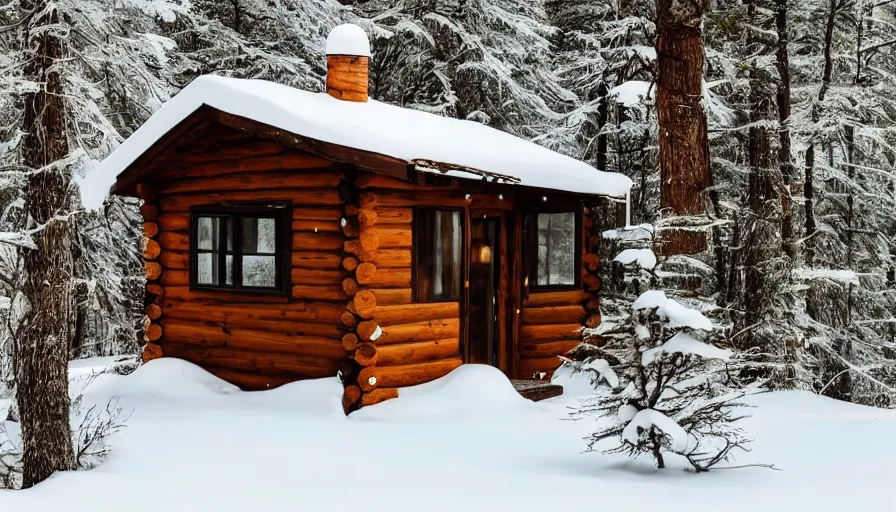 Image similar to empty cozy small cabin, warm, outside winter landscape