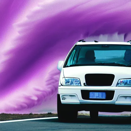 Image similar to white minivan driving away from a purple tornado