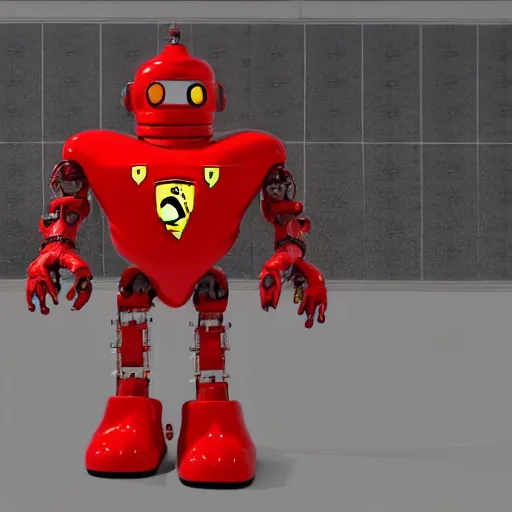 Image similar to a red robot with big tires on it's shoulders, big hands, Ferrari logo on it's chest, wearing a round helmet | unreal engine | hd | 3D model