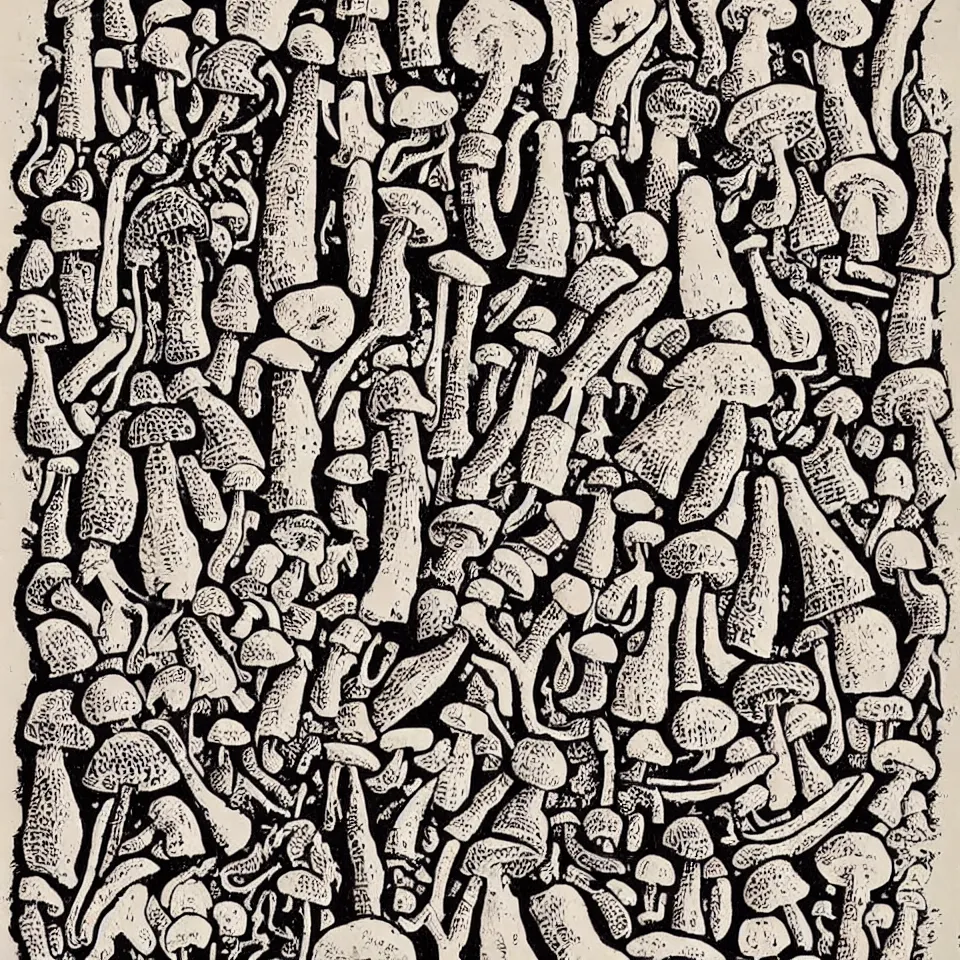 Prompt: a linocut engraving of hyeroglyphs made out of mushrooms