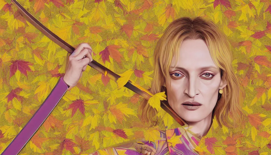 Image similar to breathtaking detailed pattern pastel colors of uma thurman ( kill bill ) in yellow kimono, with katana sword and autumn leaves, by hsiao - ron cheng, bizarre compositions, exquisite detail, enhanced eye detail