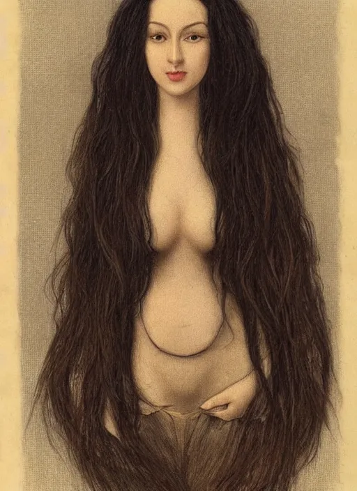 Prompt: a portrait of a woman considered the most beautiful woman in the world. She has a well-proportioned figure. She is very tall and slender with long black hair that extends past her waist with locks of hair that frame her face down to her chin and shows off her high forehead, dark brown eyes with long, voluminous eyelashes and pale skin. She has a narrow waist and very large chest, pink hearts in the background , romantic themed, beautiful face, intricate, highly detailed, digital painting, artstation, concept art, smooth, sharp focus, illustration, art by Noriyoshi Ohrai