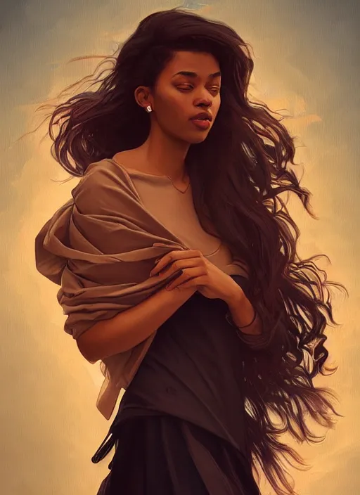 Image similar to handsome young black women with shoulder length brown hair, half body shot, path traced, highly detailed, high quality, digital painting, alena aenami, lilia alvarado, shinji aramaki, karol bak, alphonse mucha, tom bagshaw