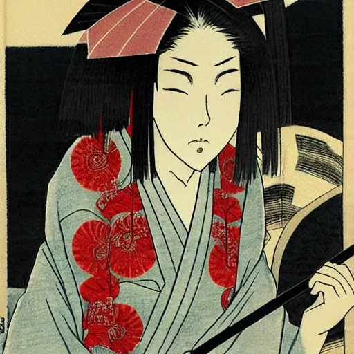 Image similar to a woman in a kimono holding an umbrella, an anime drawing by Kaburagi Kiyokata, featured on pixiv, shin hanga, hellish background, pixiv, official art