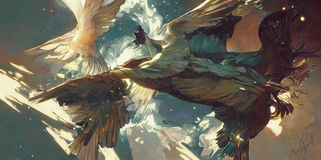 Prompt: a bird shooting lasers from its eyes, art by artgerm and greg rutkowski and alphonse mucha