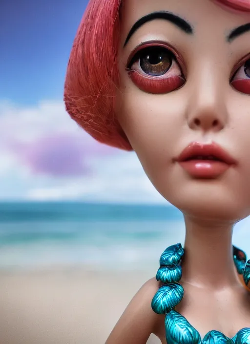 Image similar to closeup profile portrait of tin toy bikini girl beach, depth of field, zeiss lens, detailed, symmetrical, centered, fashion photoshoot, by nicoletta ceccoli, mark ryden, lostfish, breathtaking, 8 k resolution, extremely detailed, beautiful, establishing shot, artistic, hyperrealistic, octane render