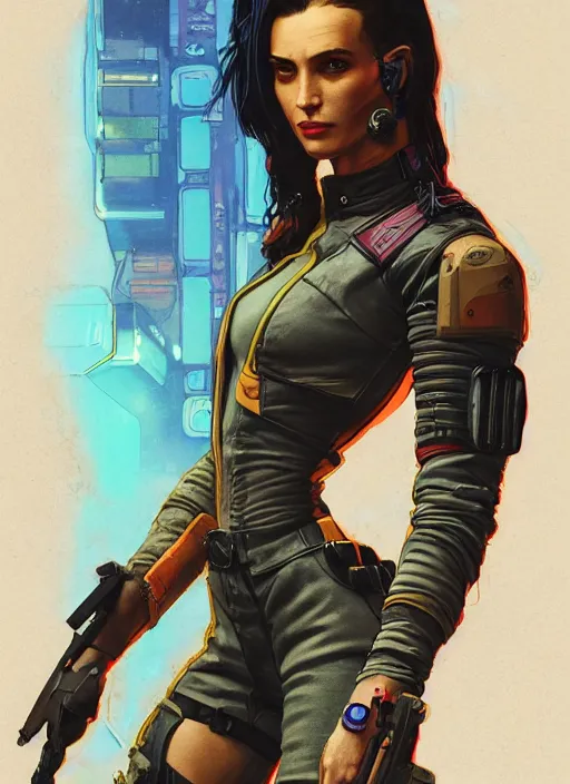 Image similar to cyberpunk mercenary. portrait by stonehouse and mœbius and will eisner and gil elvgren and pixar. realistic proportions. cyberpunk 2 0 7 7, apex, blade runner 2 0 4 9 concept art. cel shading. attractive face. thick lines.