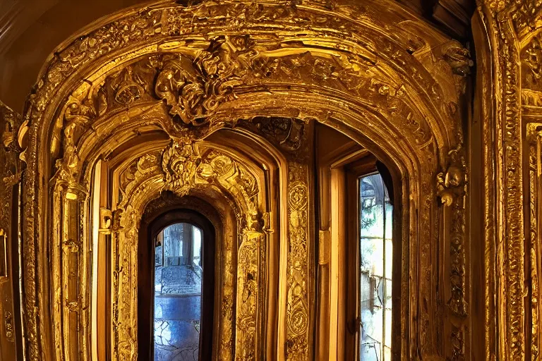 Prompt: a portal to new universe inside of an ornate door frame :: wide angle :: golden light :: rainbows :: vortex