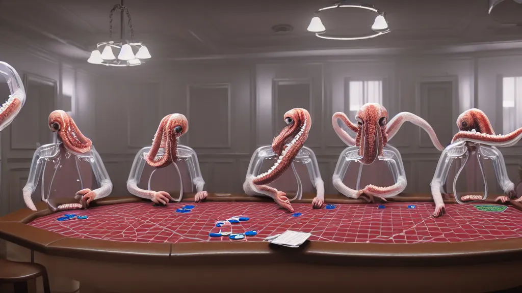 Image similar to hyperrealism simulation highly detailed human octopuses'wearing transparent jackets, playing poker in surreal scene from art house movie from future by wes anderson and denis villeneuve rendered in blender and octane render