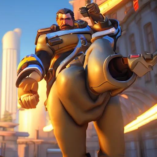 Image similar to joseph stalin is the newest overwatch character, kings row in the background, octane render, blender render, unreal engine, action shot, cinematic lighting, symmetrical