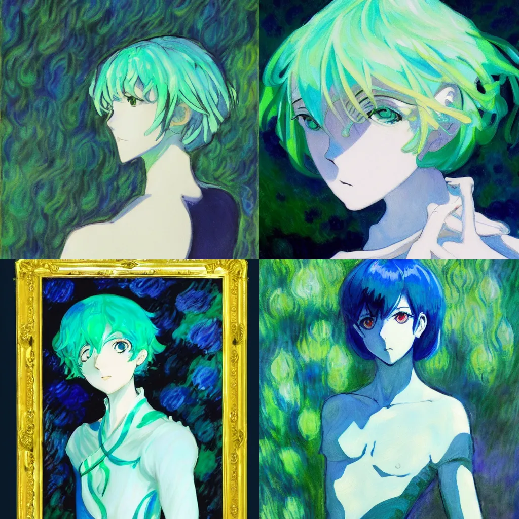 Prompt: a painting of Phosphophyllite by Claude Monet, from Houseki no Kuni, Anime Land of the Lustrous, Top 25 Fantasy Anime Series