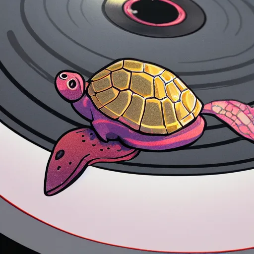 Image similar to a cute turtle plushie on top of a vinyl record player, 30mm, trending on ArtStation, deviantart, high detail, stylized portrait