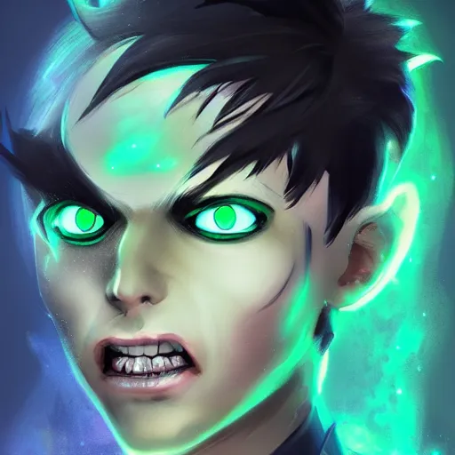 Prompt: a digital matte intricate face illustration concept art of young danny phantom with glowing green eyes cute fangs alt art fashion inspired art by charlie bowater and wlop and mark arian and ross tran + neon colors, symmetry, intricate complexity, epic composition, magical atmosphere, highly detailed, cinematic lighting + masterpiece, trending on artstation + 8 k