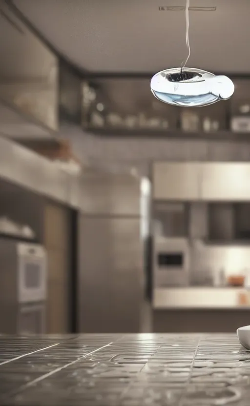 Image similar to tiny chrome blob hovering above kitchen counter, photorealistic render unreal macro closeup wonderful