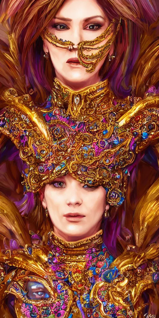 Prompt: portrait of karen 0, realistic, 4 k, fine details, wearing an ornate costume, concept art, high art, colorful