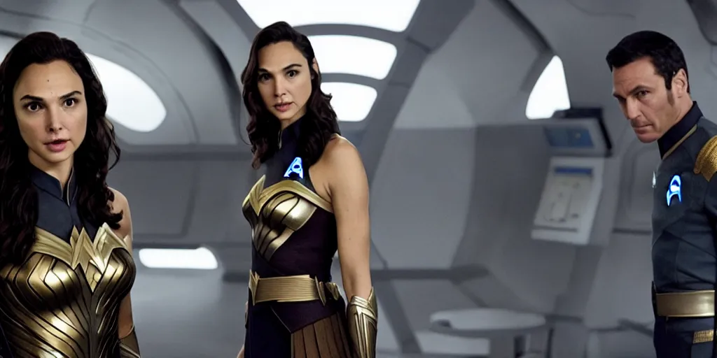 Image similar to Gal Gadot, in full starfleet uniform, is the captain of the starship Enterprise in the new Star Trek movie