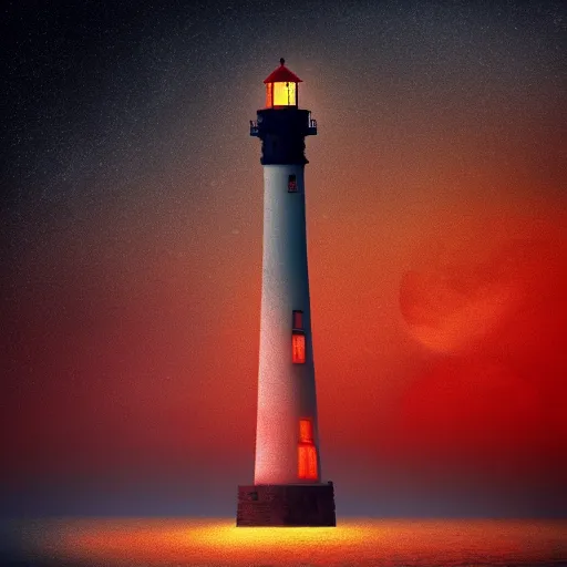 Prompt: lonely lighthouse in a red moon shaped pool, style by ayvazovsky and stanley kubrick, cinematic lighting, more details, hyper realistic,