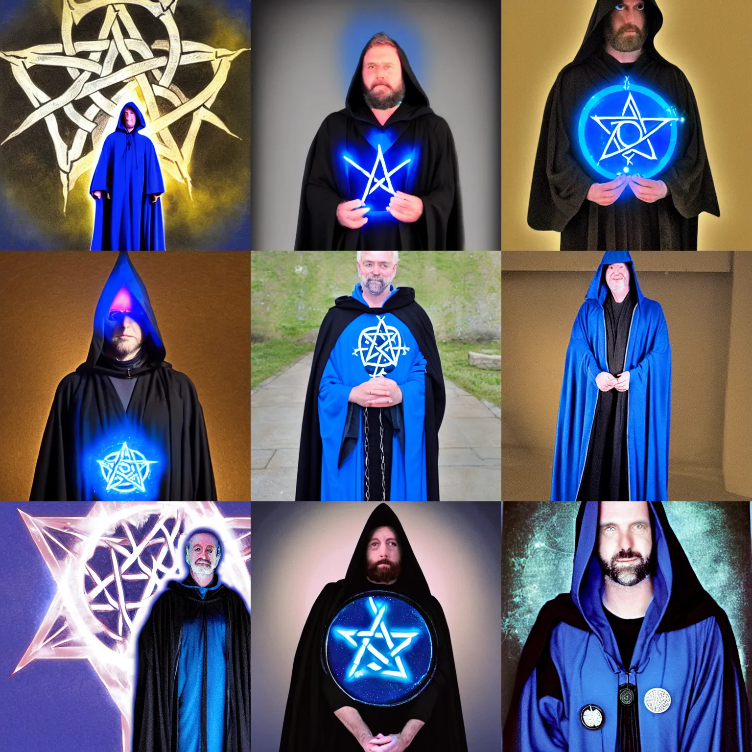 Prompt: alistair crowley in a black jedi hooded robe standing behind an electric blue pentacle