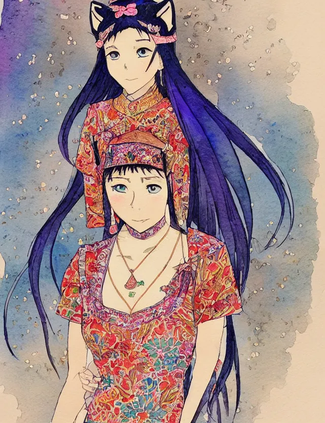 Prompt: central asian woman with cat ears, wearing a lovely dress. this watercolor painting by the award - winning mangaka has impeccable lighting, an interesting color scheme and intricate details.