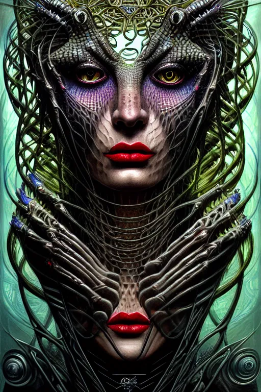 Image similar to single face portrait. complex hyper-maximalist overdetailed cinematic cosmic scifi portrait of an elegant very attractive but wild and dangerous humanoid reptilian goddess by andrei riabovitchev, tomasz alen kopera, oleksandra shchaslyva. Omnious intricate. Secessionist portrait illustration. Poison goddes. Slightly influenced by giger. Zerg human hybrid goddes. Unreal engine 5. Focus on face. Artstation. Deviantart. 8k 4k 64megapixel. Cosmic horror style. Rendered by binx.ly.