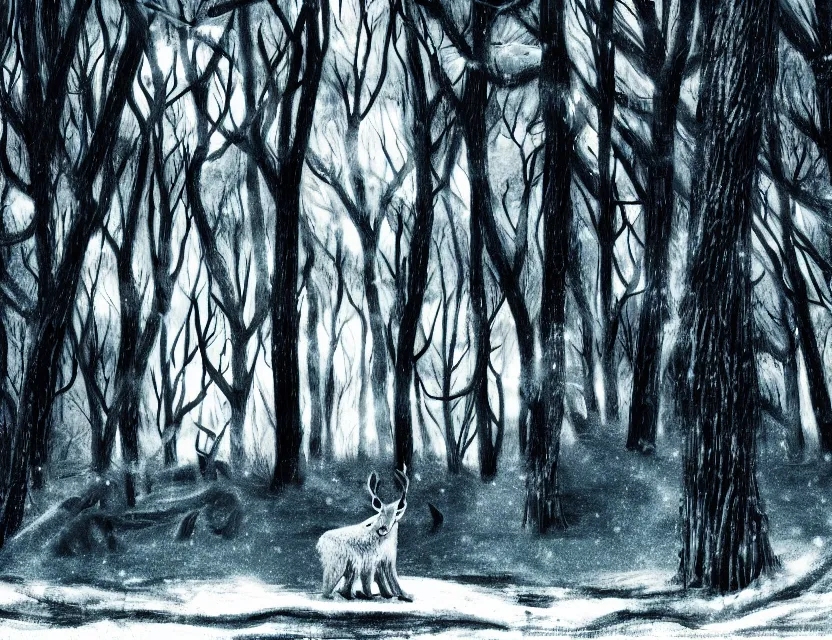 Prompt: animal god in the winter woods. limited palette, western 2 d animation from the 2 0 1 0 s, backlighting, bold composition, depth of field.