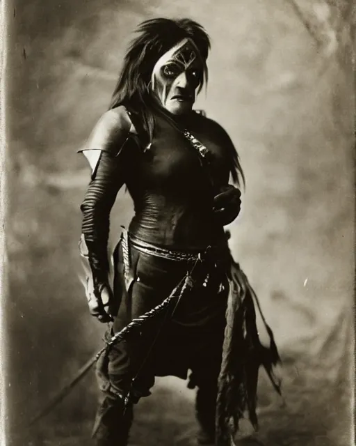 Prompt: female half orc with leather clothing, photo by gertrude kasebier