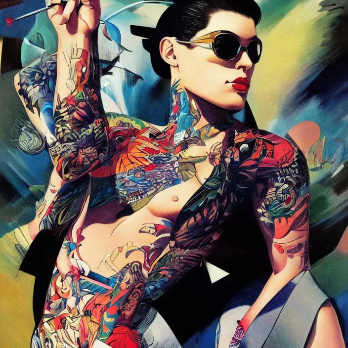 Prompt: yakuza gang member, full body, high fashion, futurism, aerodynamic, flowing, intricate, slick, highly detailed, digital painting, vogue, concept art, smooth, sharp focus, hd, art by syd mead and kandinsky and annie leibovitz