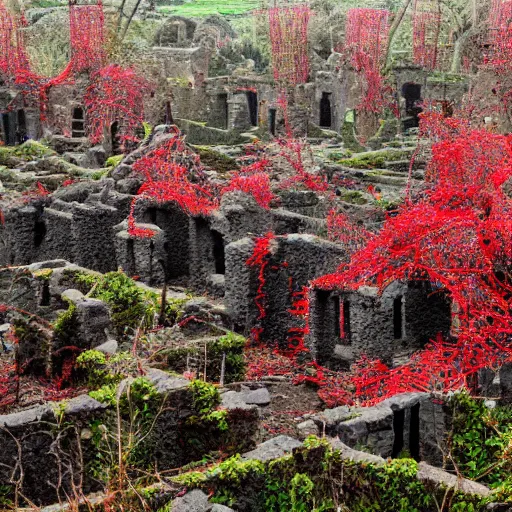 Image similar to the ruins of a giant village made out of stone, overgrown with red and black vines